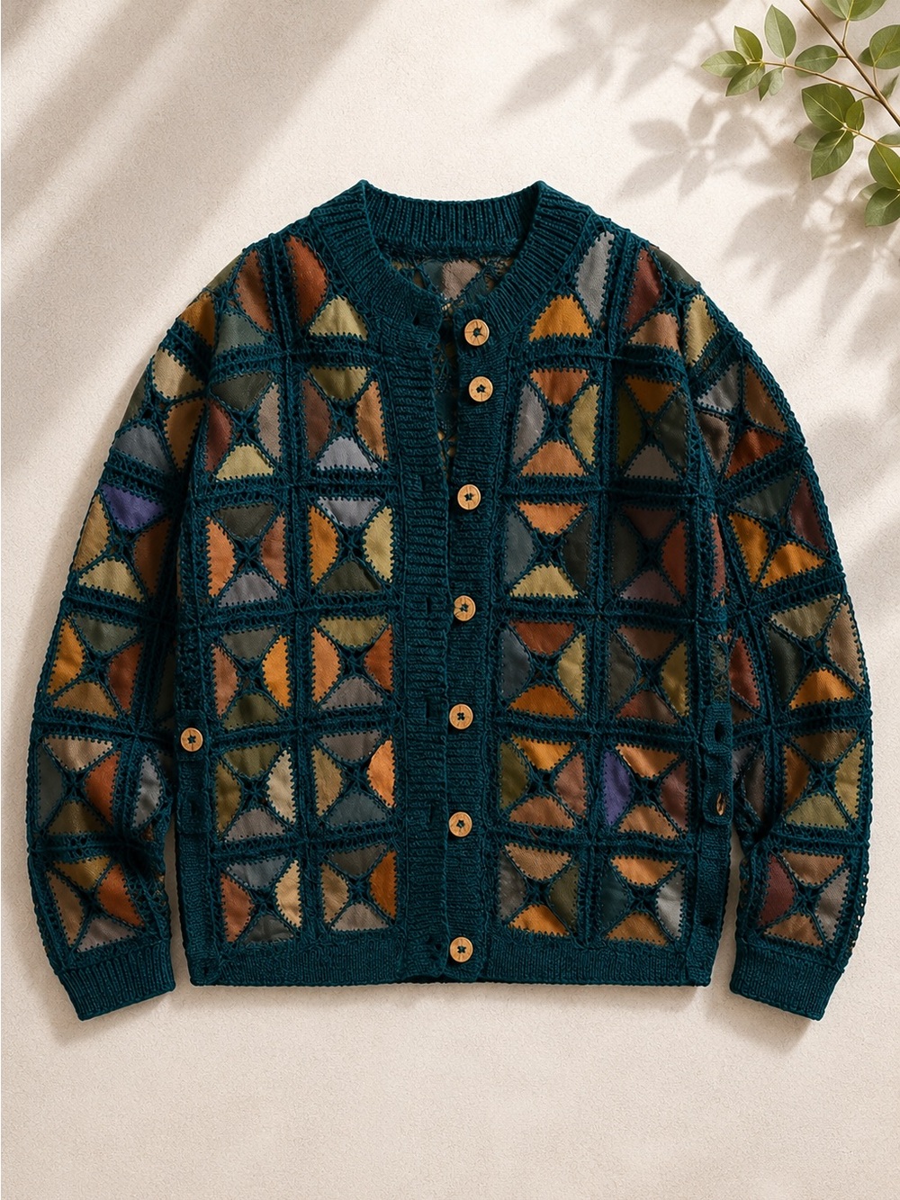 Vintage Hand Crocheted Genuine Leather Patchwork Cardigan Jacket